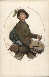 Boy Soldier with Gear Marching and Playing Drum Postcard