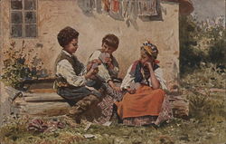 Three children playing cards Card Games Postcard Postcard