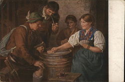 Two Men and Two Women Playing Cards Atop Barrel Card Games Postcard Postcard