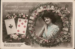 Woman Smiling from Within Wreath of Cards and Flowers Postcard