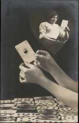 Hands Holding Ace of Hearts, Inset of Woman Reading Letter Romance & Love Postcard Postcard