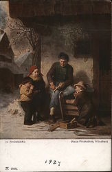 Man Carving Wood While Three Children Watch Postcard