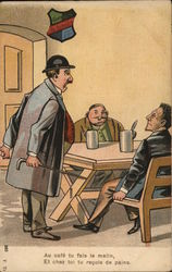 Man Talking to Two Men Seated with Drinks Postcard