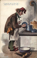 Man Wearing Apron at Stove with Blue Cookware, Holding Lid Postcard