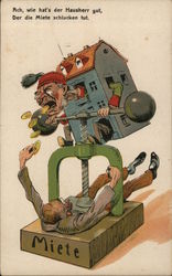 German Man Wearing House Atop Vise Squeezing Man Holding Coin Postcard