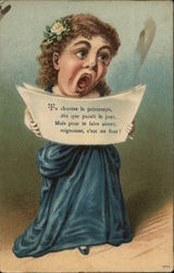 Woman In Blue Dress Sings From French Song Sheet Postcard