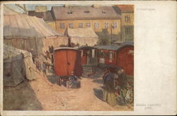 Circus Wagons and People Near Large Tents and Buildings Postcard