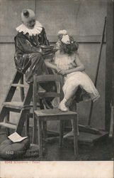 Clown Seated Atop Ladder Near Young Woman and Chair Circus Postcard Postcard