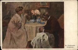 Man and Woman Seated at Table with Tea Set Coffee & Tea Postcard Postcard Postcard