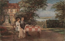 Man with Arm Around Woman at Outdoor Table w/Tea Romance & Love Postcard Postcard