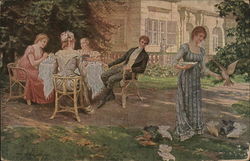 Man at Table with Women Watching Woman Feeding Chickens Art Postcard Postcard