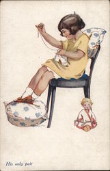 Young Girl Seated In Chair Sewing, Doll Nearby Girls Postcard Postcard