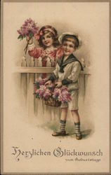 Boy and Girl Standing Near Fence Holding Lilacs Children Postcard Postcard