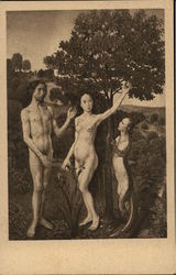 Eve Picking Apple from Tree Near Adam and Human Serpent Postcard