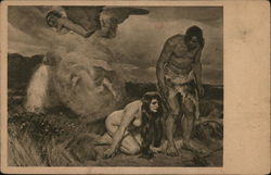 Winged Creature Evicting Scantily Clad Man and Woman Postcard