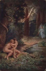 Nude Man and Woman Crouching Together Near Angel Postcard