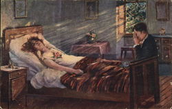 Man with Face in Hands at Bedside of Woman Postcard