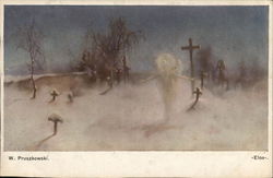 White Spiritual Creature Near Crosses Marking Grave Sites Postcard