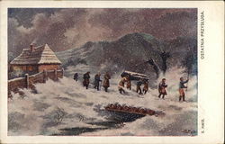 Group of People, Some Carrying Coffin Through Snow Postcard