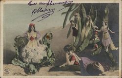 Women Situated Among Vegetables in Garden Fantasy Postcard Postcard Postcard