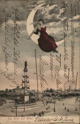 Woman in Crescent Moon with Telescope Above City Vienna, Austria Fantasy Postcard Postcard