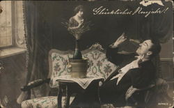 Man Sipping from Glass Near Woman's Image Atop Champagne Bottle Postcard