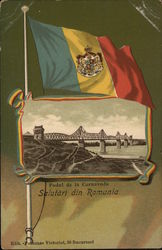 Romania Flag Over Inset of Bridge Over Water Postcard