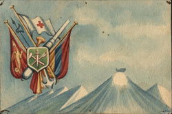 Green Shield Atop Colorful Flags, Mountain in Background Postcard