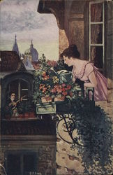 Man Serenading Woman in Window Near Flowers Postcard