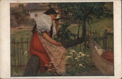 Woman Sitting on Tree Branch with Melancholy Expression Postcard