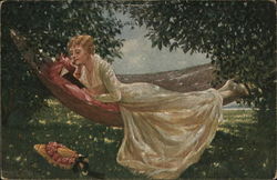 Woman Wearing White Dress Reading Book in Hammock Postcard