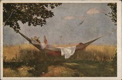 Woman Laying in Hammock Reading Book Against Blue Sky Postcard