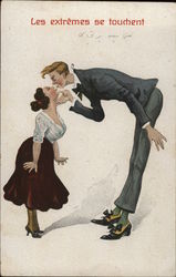 Very Tall Man Bent Down to Kiss Short Woman Couples Postcard Postcard