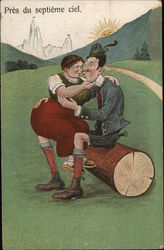 Man and Woman Seated on Log Kissing Postcard