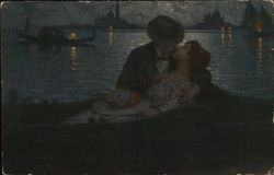 Man and Woman Kissing in Boat in Darkness Postcard