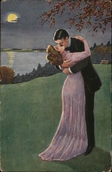 Man and Woman Embracing, Kissing Near Moonlit Water Postcard