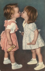 Two Little Girls Kissing with Eyes Closed Children Postcard Postcard