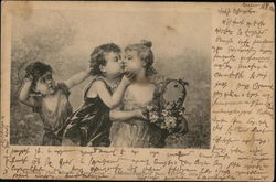 Little Boy Kissing Little Girl Holding Basket, Another Boy Watching Postcard