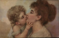 Blond Child Kissing Young Woman Postcard