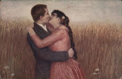 Man and Woman Kissing, Embracing in Field Romance & Love Postcard Postcard