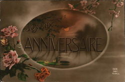 Joyeux Anniversary in Oval Surrounded by Roses and Flowers Postcard