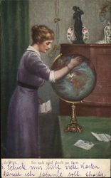 Woman Holding Letter With Her Other Hand on Globe Women Postcard Postcard