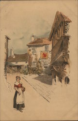 Woman on Street Holding Jug Postcard