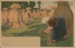 Woman Bent Over Bundling Hay on Farm Postcard