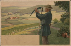 Man with Scythe Standing Near Scenic View of Hills Postcard