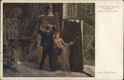 Topless Woman Regarding Man Combing His Hair in Mirror Postcard