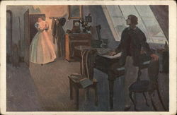 Man Standing Near Piano, Woman in Doorway Postcard