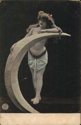 Scantily Clad Woman Leaning on Crescent Moon Postcard