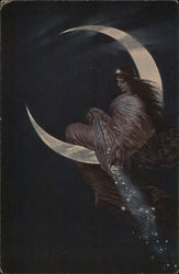 Woman with Long Dark Hair Seated in Crescent Moon Fantasy Postcard Postcard