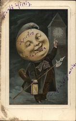 Man with Moon Face Pointing at Clock Postcard